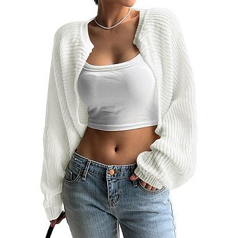 Lazy Style Cropped Knit Cardigan, Loose Lantern Sleeve Open Front Sweater, Casual Layering Top