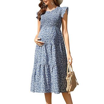 Maternity Midi Dress Casual Summer Dress Crew Neck Ruffle Short Sleeve Floral Boho Flowy Pregnancy