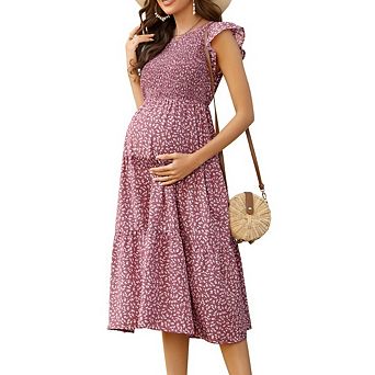 Maternity Midi Dress Casual Summer Dress Crew Neck Ruffle Short Sleeve Floral Boho Flowy Pregnancy