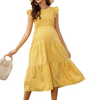 Maternity Midi Dress Casual Summer Dress Crew Neck Ruffle Short Sleeve Floral Boho Flowy Pregnancy
