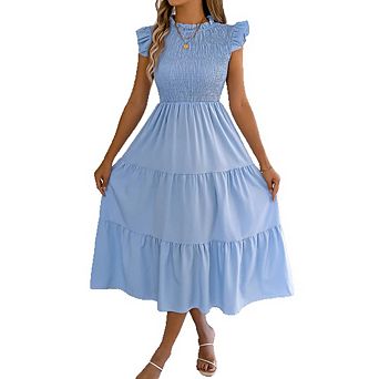 Women Summer Smocked Ruffle Sleeve Tiered Midi Dress High Neck Casual Flowy Sundress