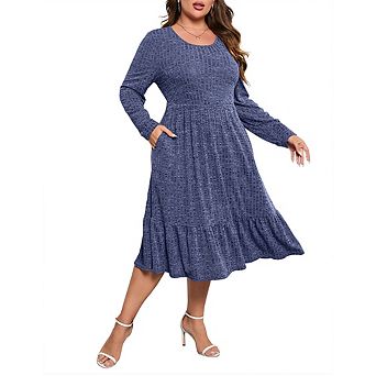 Plus Size Women Ribbed Ruffle Midi Dress Long Sleeve Casual Dress with Pockets