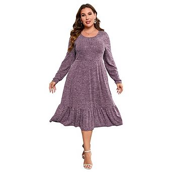 Plus Size Women Ribbed Ruffle Midi Dress Long Sleeve Casual Dress with Pockets