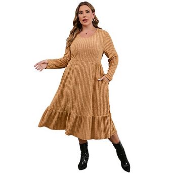Plus Size Women Ribbed Ruffle Midi Dress Long Sleeve Casual Dress with Pockets