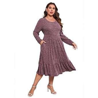 Plus Size Women Ribbed Ruffle Midi Dress Long Sleeve Casual Dress with Pockets