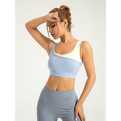 Womens High Elastic Color Block Sports Bra Fixed Integrated Shockproof U Neck Workout Top