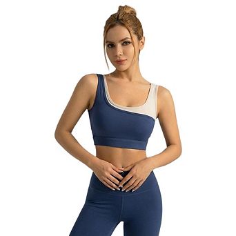 Womens High Elastic Color Block Sports Bra Fixed Integrated Shockproof U Neck Workout Top