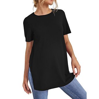 Women's Round Neck Short Sleeve T-Shirt Side Split Loose Casual Tee for Daily Wear