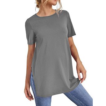 Women's Round Neck Short Sleeve T-Shirt Side Split Loose Casual Tee for Daily Wear
