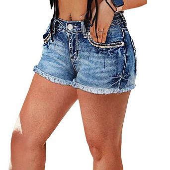 Women's Medium-Rise Stretch Ripped Denim Shorts Raw Hem Curvy Fit