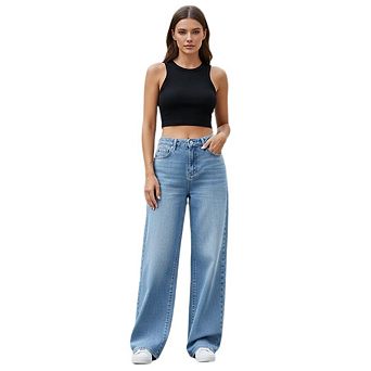 Women's High Waisted Straight Wide Leg Jeans Comfort Stretch Baggy Pants With Pockets