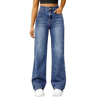 Women's High Waisted Straight Wide Leg Jeans Comfort Stretch Baggy Pants With Pockets