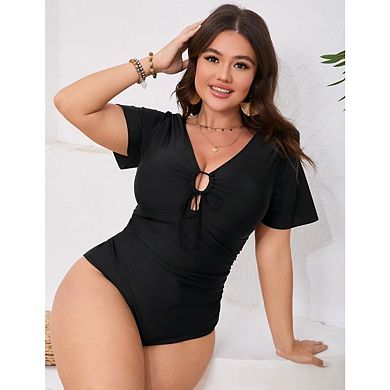 Women's Plus Size One Piece Swimsuit Tie Front Short Sleeve Cutout Backless Swimwear