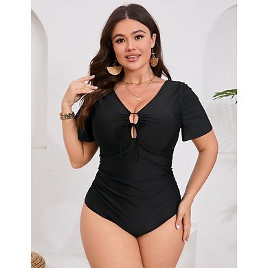 Women's Plus Size One Piece Swimsuit Tie Front Short Sleeve Cutout Backless Swimwear