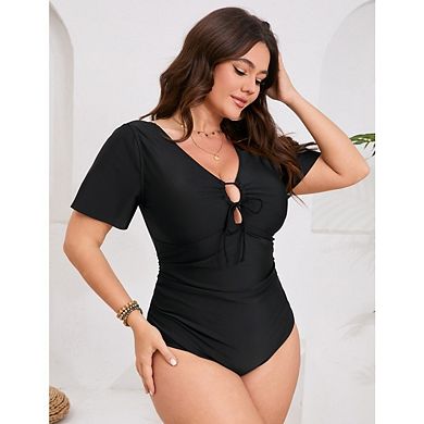 Women's Plus Size One Piece Swimsuit Tie Front Short Sleeve Cutout Backless Swimwear