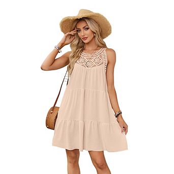 Women's Lace Sleeveless Tiered Mini Dress,Crochet Ruffle Swing Dress for Summer