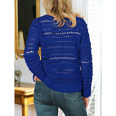 Women's Crochet Knit Cardigan Openwork Button Down Sweater Casual Long Sleeve Cropped Cardigan