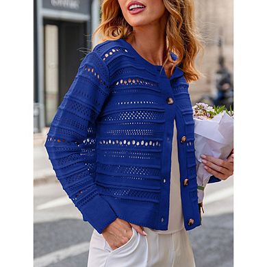 Women's Crochet Knit Cardigan Openwork Button Down Sweater Casual Long Sleeve Cropped Cardigan
