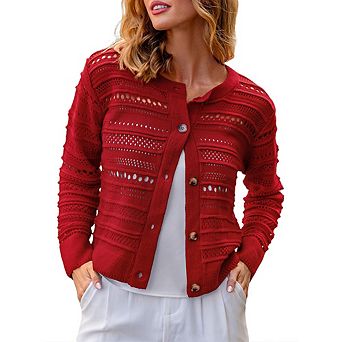 Women's Crochet Knit Cardigan Openwork Button Down Sweater Casual Long Sleeve Cropped Cardigan