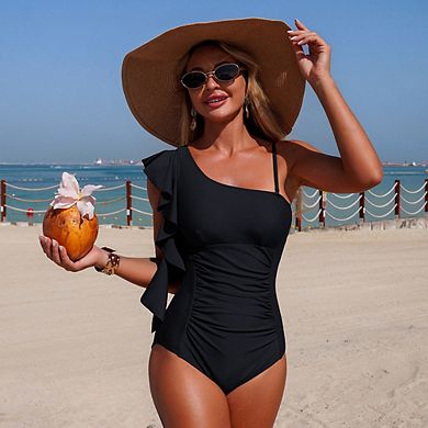 Women's One Shoulder Ruffle One Piece Swimsuit Tummy Control Bathing Suit for Beach Vacation