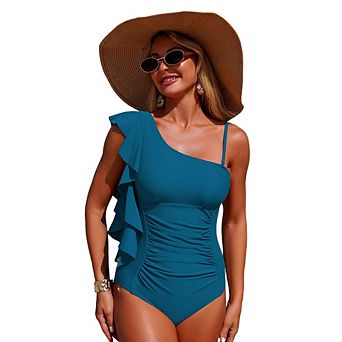 Women's One Shoulder Ruffle One Piece Swimsuit Tummy Control Bathing Suit for Beach Vacation