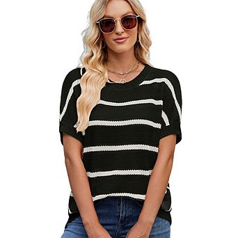 Women's Striped Knit Top, Crew Neck Dolman Sleeve Sweater Tee for Casual