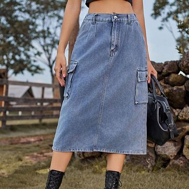 Women's High-Waist Denim Midi Skirt Back Slit & Pockets, Casual Style