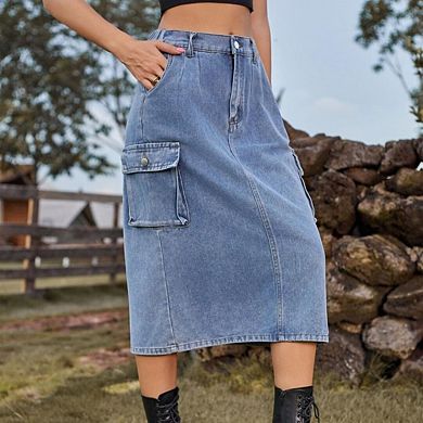 Women's High-Waist Denim Midi Skirt Back Slit & Pockets, Casual Style