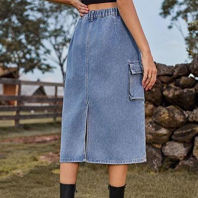 Women's High-Waist Denim Midi Skirt Back Slit & Pockets, Casual Style