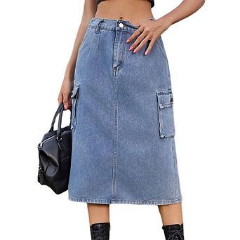 Women's High-Waist Denim Midi Skirt Back Slit & Pockets, Casual Style