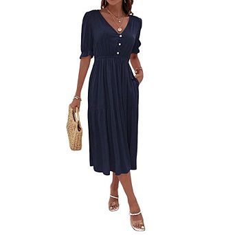 Women's V Neck Button Front Midi Dress Puff Sleeve Tiered A Line Dress with Pockets for Casual Party