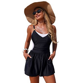 Women's Color Block One Piece Swim Romper Adjustable Strap V Neck Swimsuit with Pockets for Beach