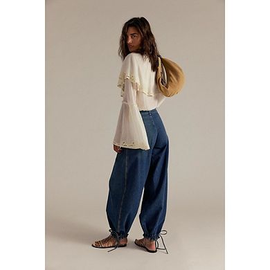 Women's Retro Baggy Jeans Barrel-Leg Drawstring Ankle Loose-Fit Denim