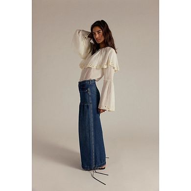 Women's Retro Baggy Jeans Barrel-Leg Drawstring Ankle Loose-Fit Denim