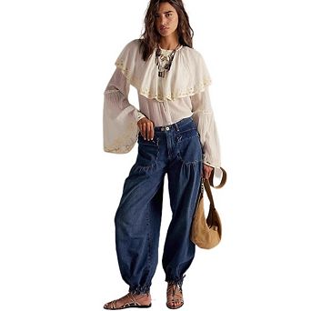 Women's Retro Baggy Jeans Barrel-Leg Drawstring Ankle Loose-Fit Denim