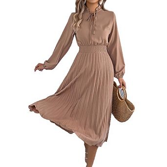 Women Long Sleeve Pleated Midi Dress Ruffle Tie Neck Smocked Waist A Line Dress for Casual & Office
