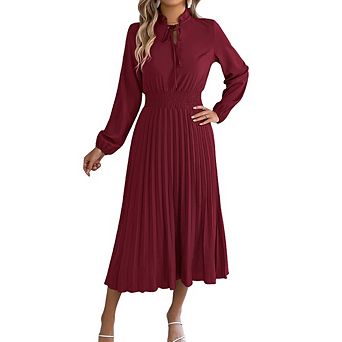 Women Long Sleeve Pleated Midi Dress Ruffle Tie Neck Smocked Waist A Line Dress for Casual & Office