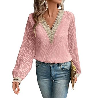 Womens Boho V Neck Shirts Casual Dressy Long Sleeve Lace Chiffon Blouses Elegant Tops