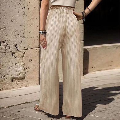 Women's Striped Drawstring Pants High-Waist Wide-Leg with Ruffle Tie