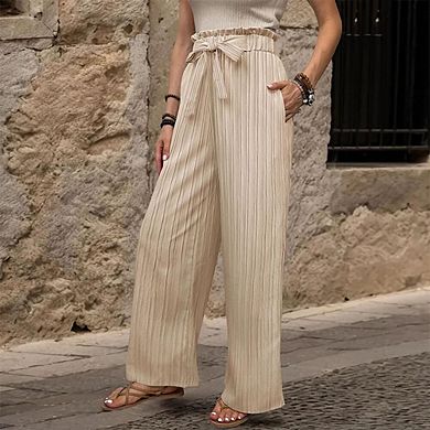 Women's Striped Drawstring Pants High-Waist Wide-Leg with Ruffle Tie