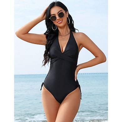 Womens One Piece Swimsuit Twist Front Drawstring Side Ruched Bathing Suit Swimwear