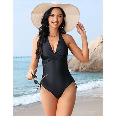 Womens One Piece Swimsuit Twist Front Drawstring Side Ruched Bathing Suit Swimwear
