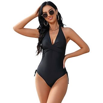 Womens One Piece Swimsuit Twist Front Drawstring Side Ruched Bathing Suit Swimwear