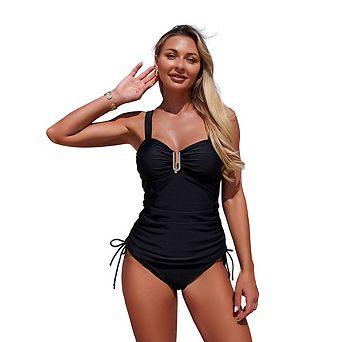 Women's U-Ring Ruched Tankini Set Adjustable Strap Two Piece Swimsuit for Beach Vacation
