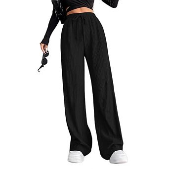 Women's Straight Leg High-Waisted Tie Pants Flowy Casual Loose Fit Trousers