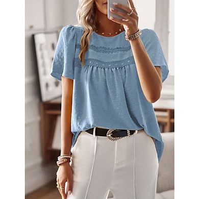 Womens Boho Short Sleeve Shirts Lace Crew Neck Swiss Dot Blouses Tops