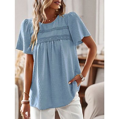 Womens Boho Short Sleeve Shirts Lace Crew Neck Swiss Dot Blouses Tops