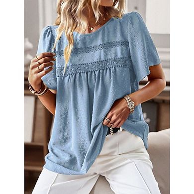 Womens Boho Short Sleeve Shirts Lace Crew Neck Swiss Dot Blouses Tops