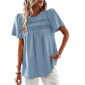 Womens Boho Short Sleeve Shirts Lace Crew Neck Swiss Dot Blouses Tops