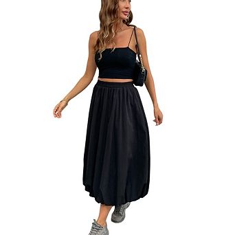 Women's Puff Waistband A-Line Pleated Balloon Skirt Flowy Maxi with Elastic Hem & Pockets
